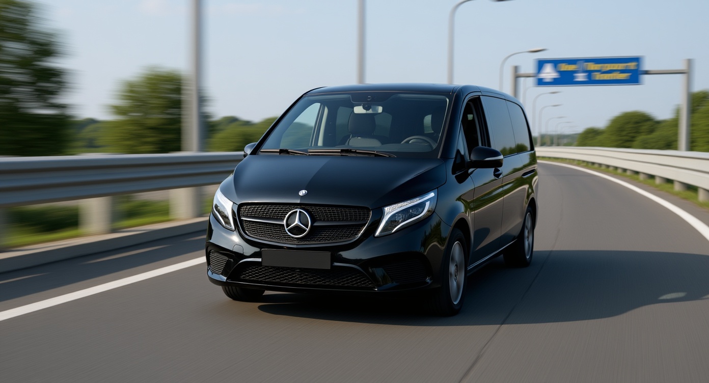 black 2017 mercedes vito van driving on highway, motion shot, professional airport transfer vehicle, sleek and modern, no license plate visible